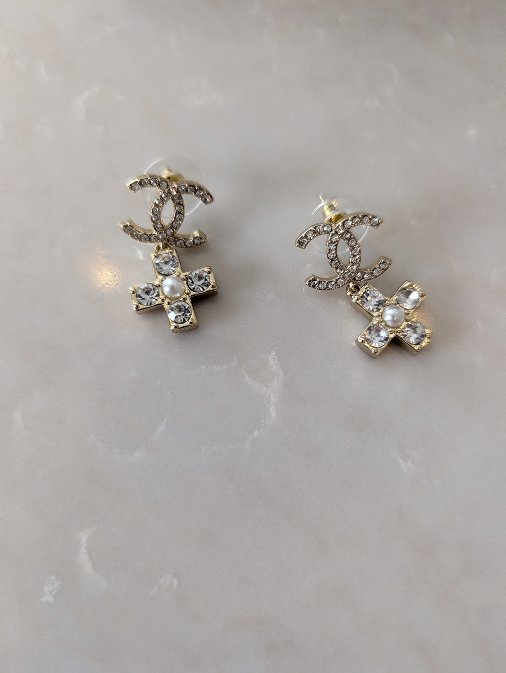 Chanel Gold Crystal Cross Drop Earrings with Interlocking Logo Accent - Picture 3 of 5
